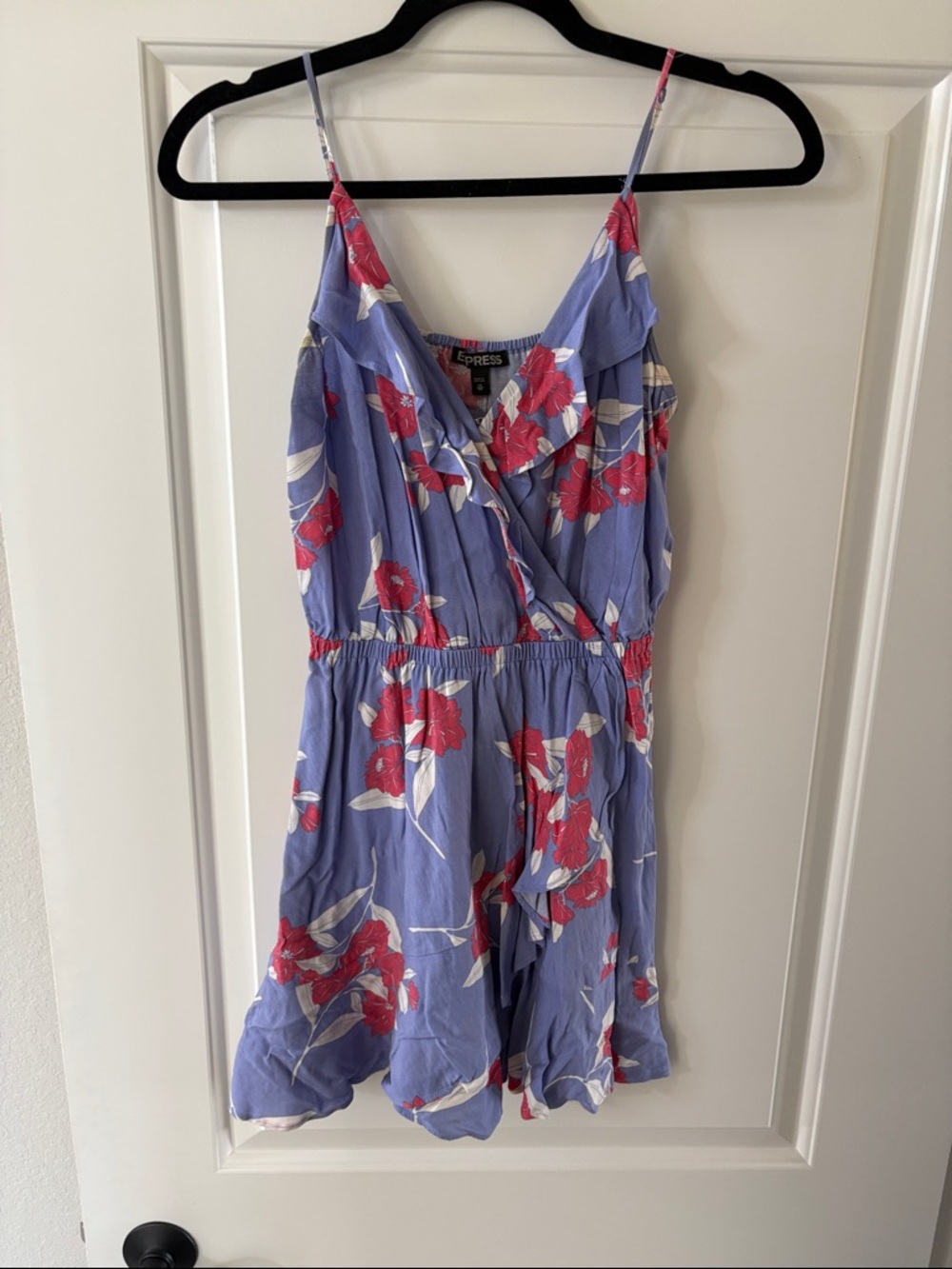 Express Periwinkle Floral Ruffle Dress with Pink & White Blooms